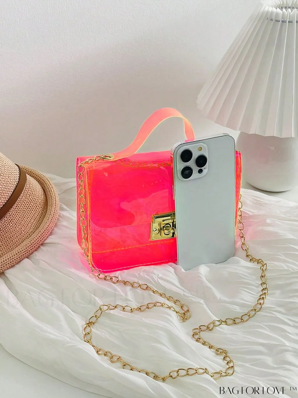 BagForLove - Neon Orange Top Handle Square Bag with Funky Clear Design