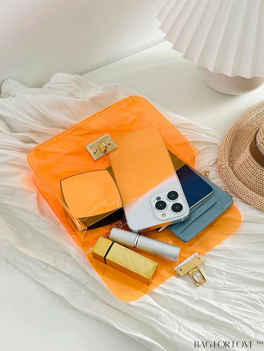 BagForLove - Neon Orange Top Handle Square Bag with Funky Clear Design