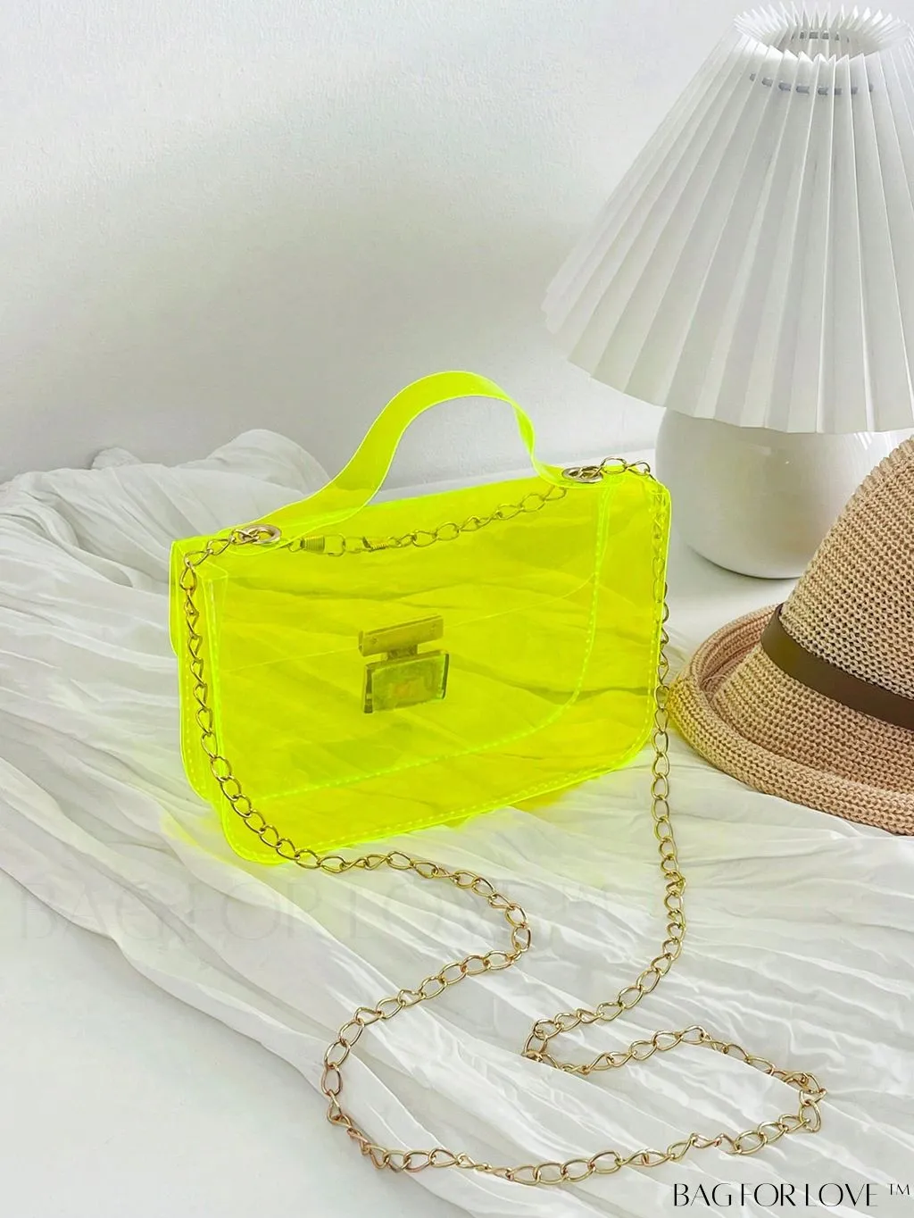 BagForLove - Neon Orange Top Handle Square Bag with Funky Clear Design