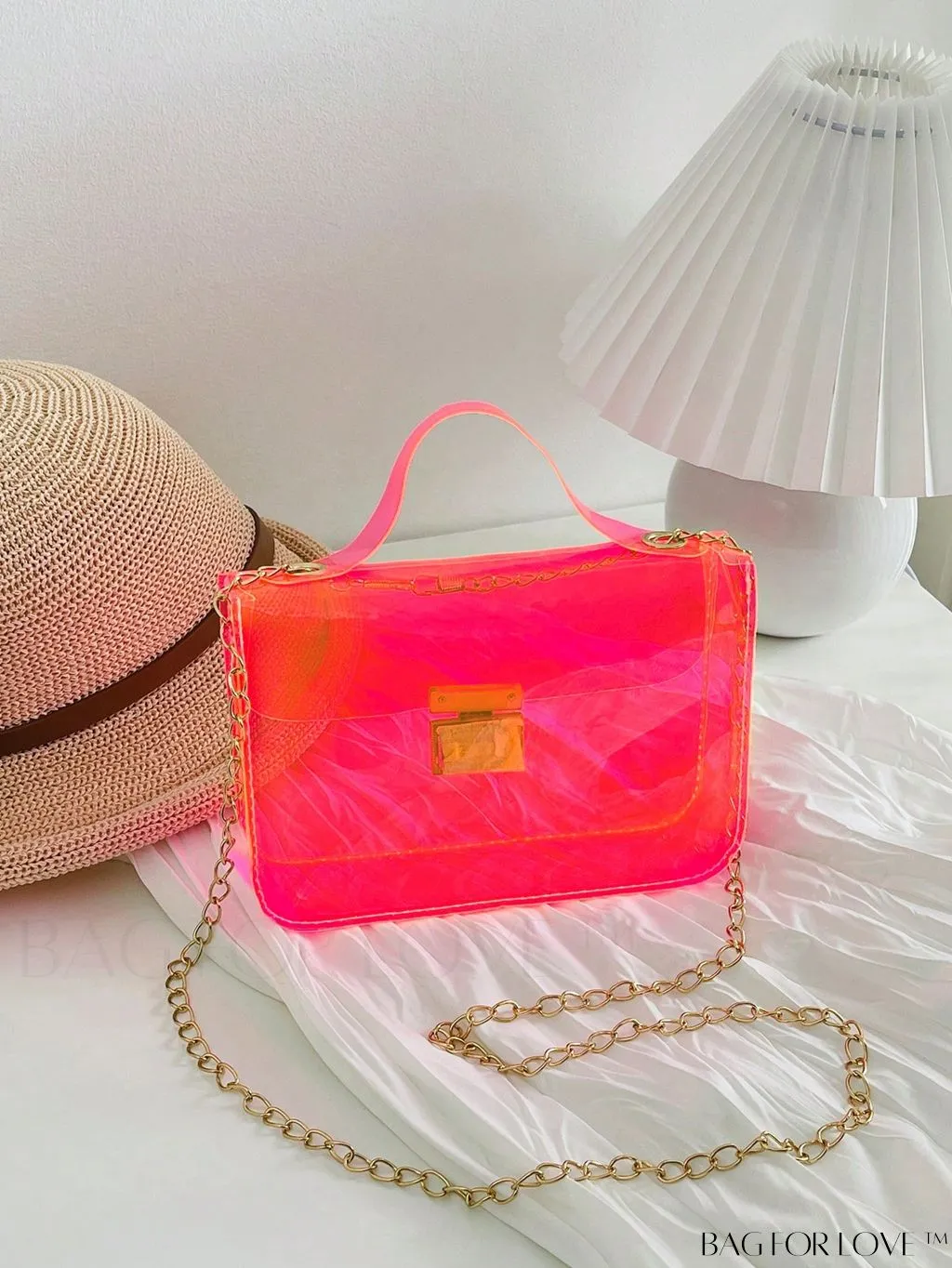 BagForLove - Neon Orange Top Handle Square Bag with Funky Clear Design