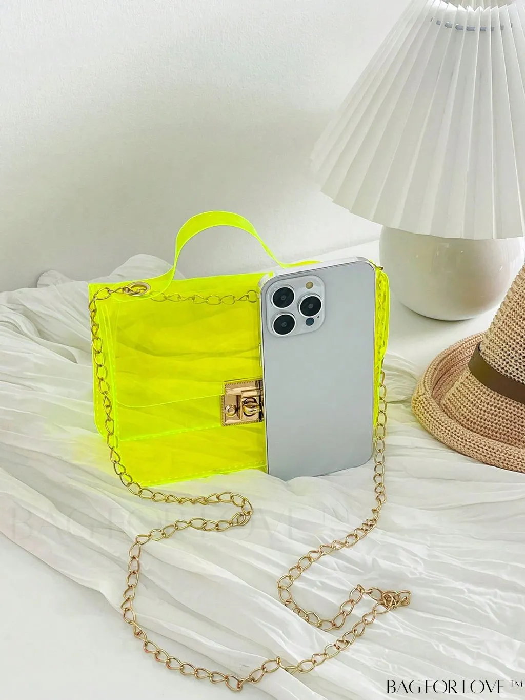 BagForLove - Neon Orange Top Handle Square Bag with Funky Clear Design