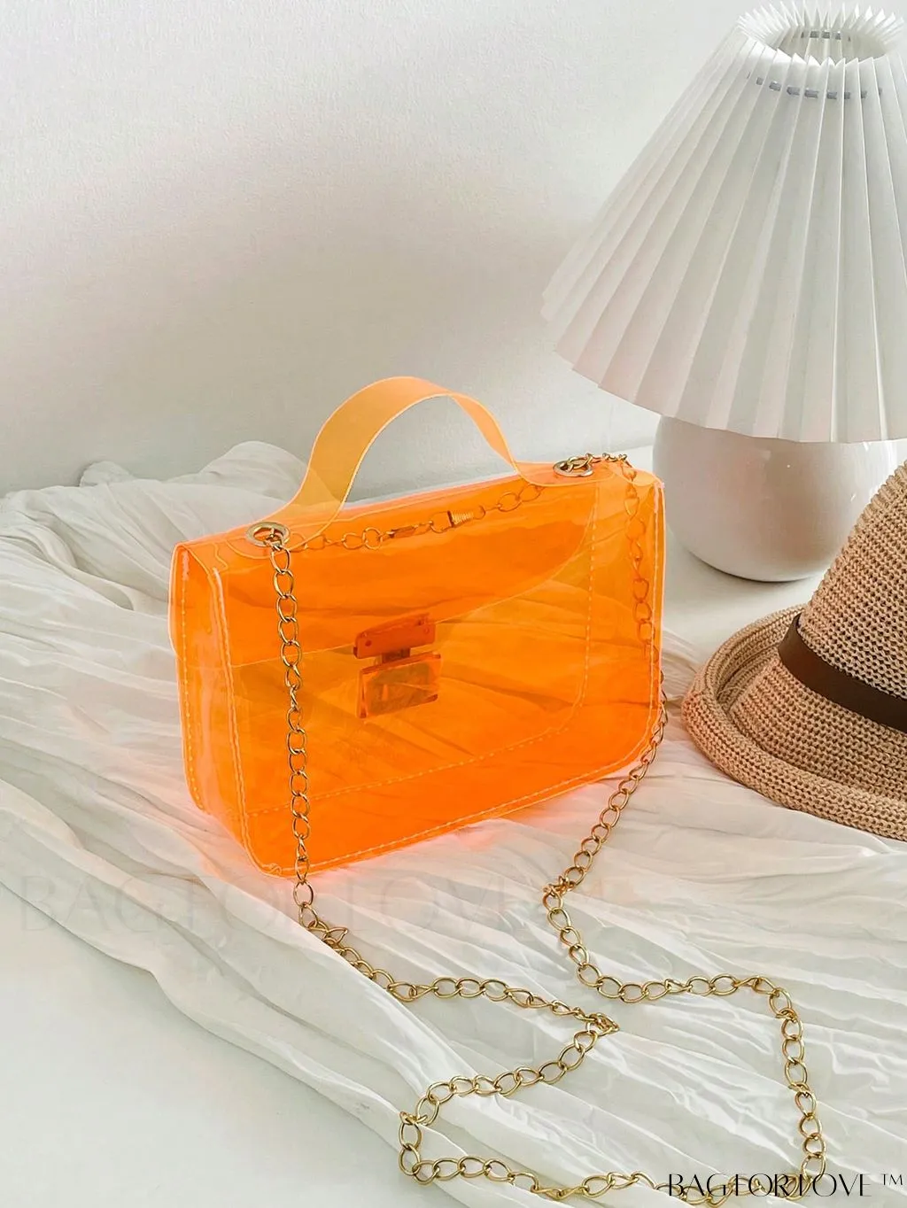 BagForLove - Neon Orange Top Handle Square Bag with Funky Clear Design