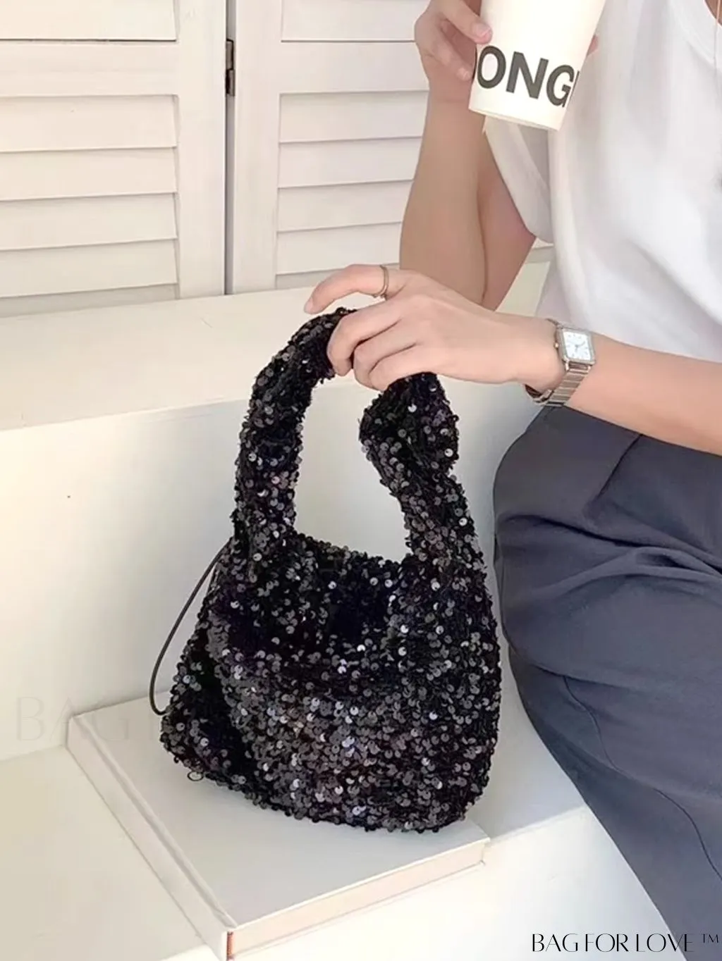 BagForLove - Shimmering Sequin Decor Evening Bag with Drawstring Closure