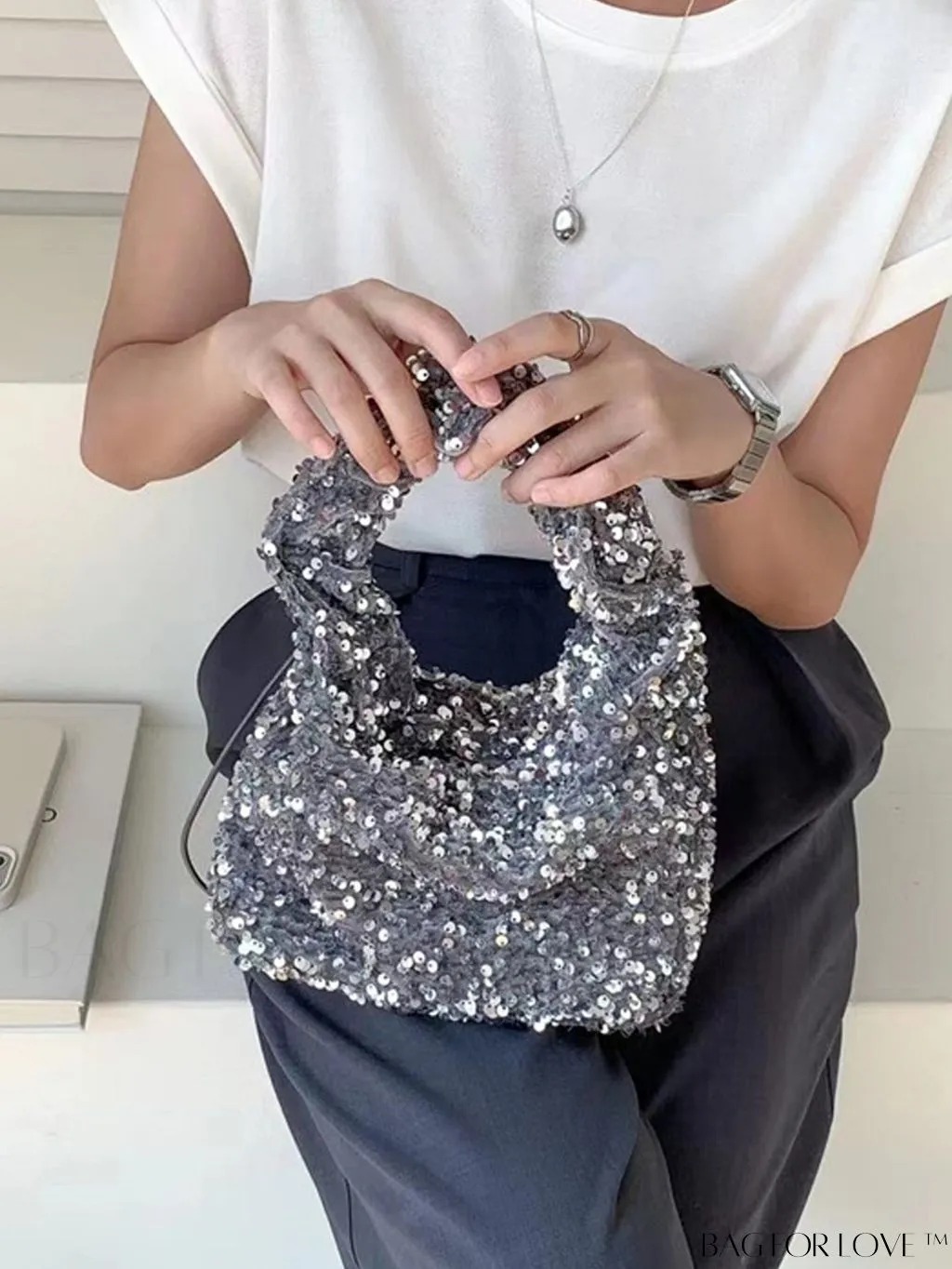 BagForLove - Shimmering Sequin Decor Evening Bag with Drawstring Closure