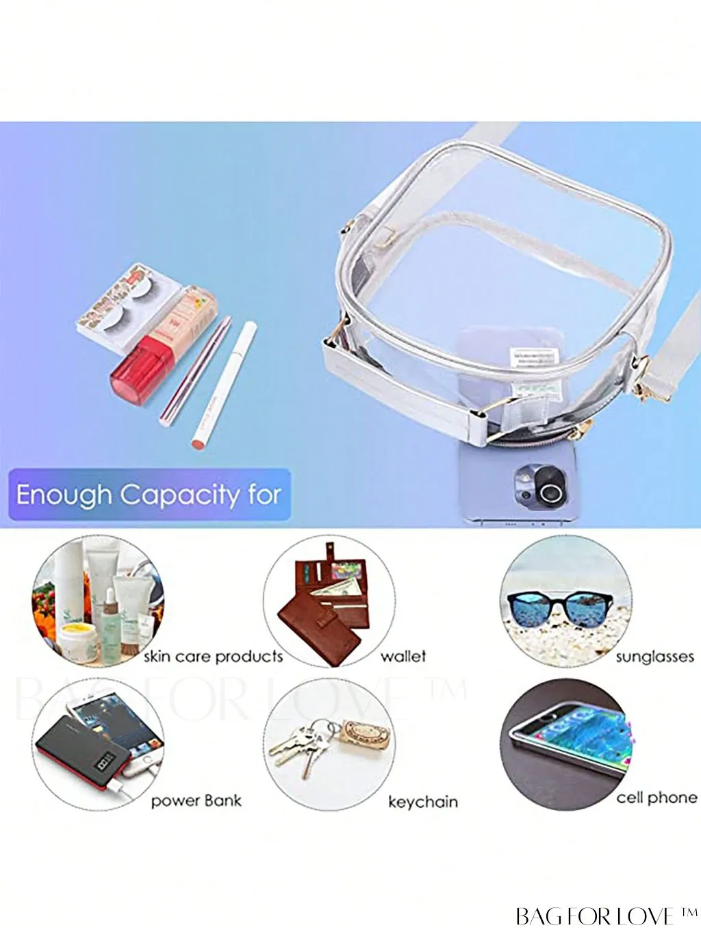 BagForLove - Stadium-Approved Clear Transparent Purse: Crossbody Bag for Women - Ideal for Concerts, Sports, Festivals