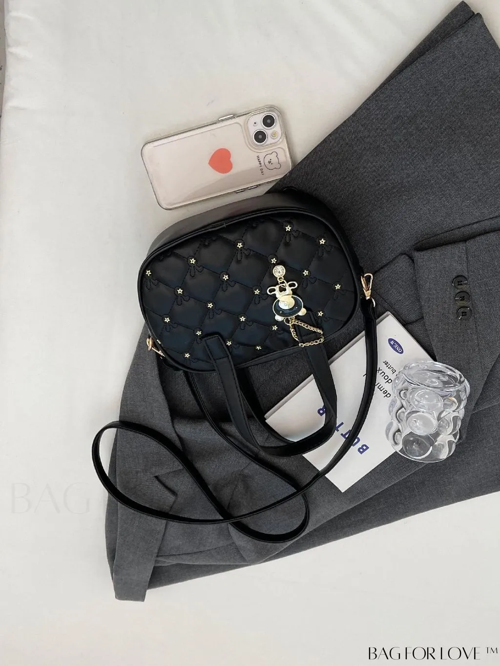 BagForLove - Stylish Beige PU Leather Handbag with Diamond Stitching and Elegant Pendant