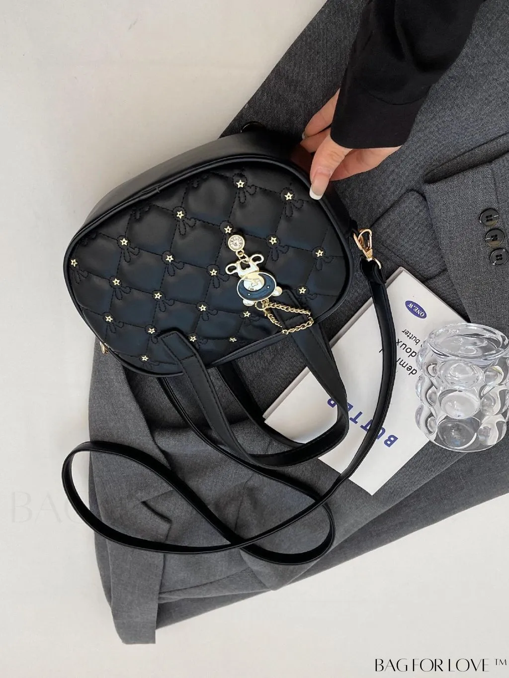 BagForLove - Stylish Beige PU Leather Handbag with Diamond Stitching and Elegant Pendant