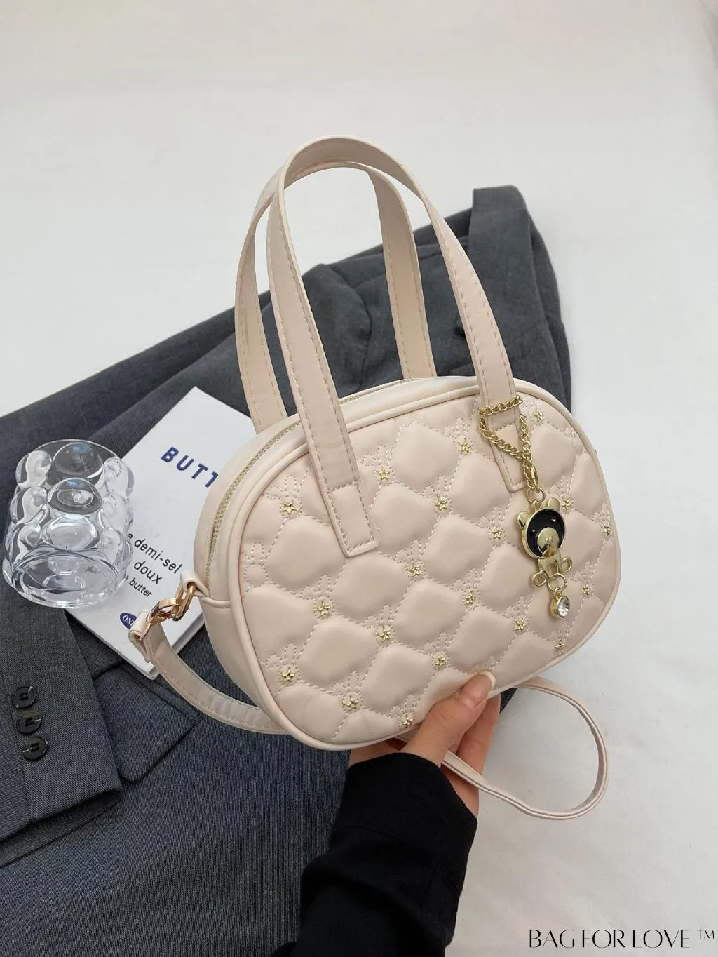 BagForLove - Stylish Beige PU Leather Handbag with Diamond Stitching and Elegant Pendant
