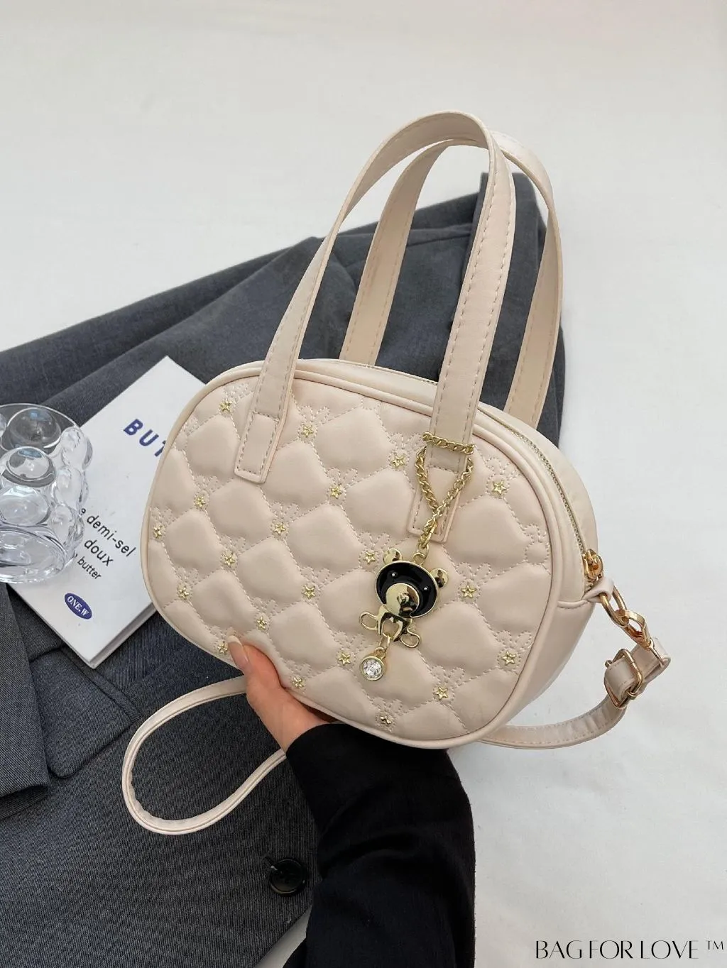 BagForLove - Stylish Beige PU Leather Handbag with Diamond Stitching and Elegant Pendant