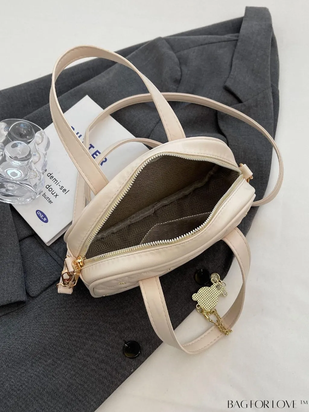 BagForLove - Stylish Beige PU Leather Handbag with Diamond Stitching and Elegant Pendant