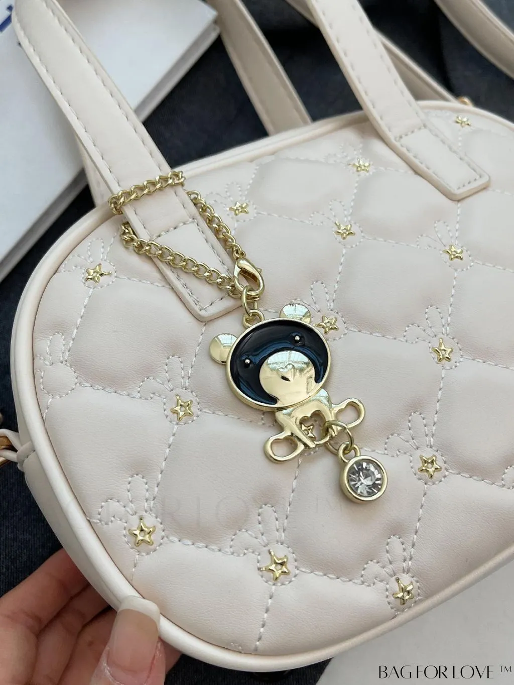BagForLove - Stylish Beige PU Leather Handbag with Diamond Stitching and Elegant Pendant