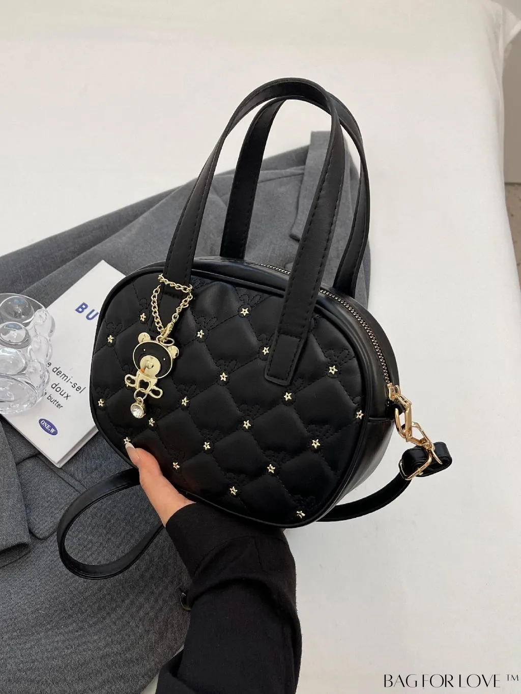BagForLove - Stylish Beige PU Leather Handbag with Diamond Stitching and Elegant Pendant