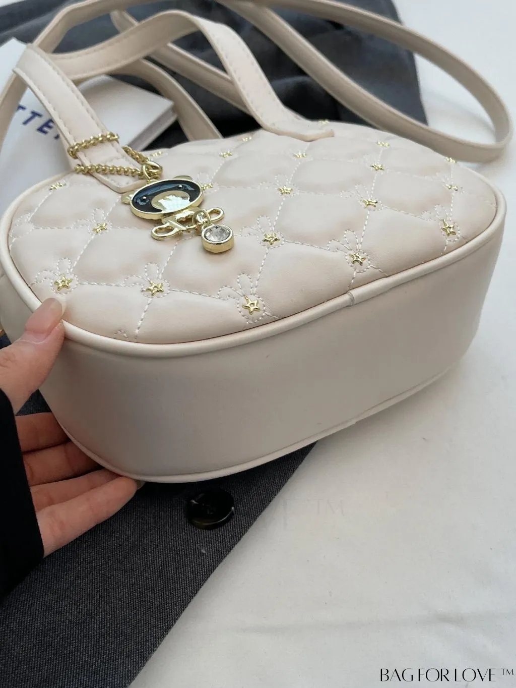 BagForLove - Stylish Beige PU Leather Handbag with Diamond Stitching and Elegant Pendant