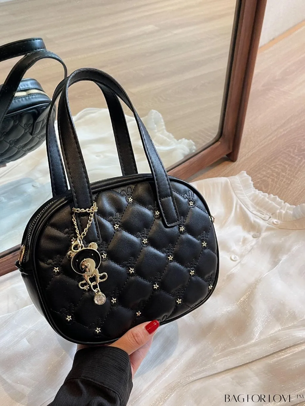 BagForLove - Stylish Beige PU Leather Handbag with Diamond Stitching and Elegant Pendant