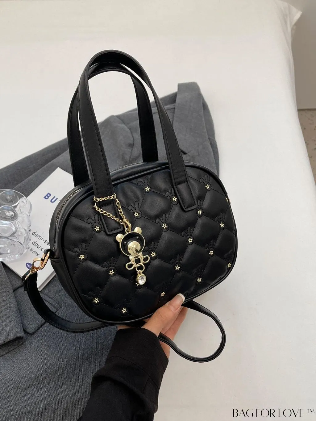 BagForLove - Stylish Beige PU Leather Handbag with Diamond Stitching and Elegant Pendant