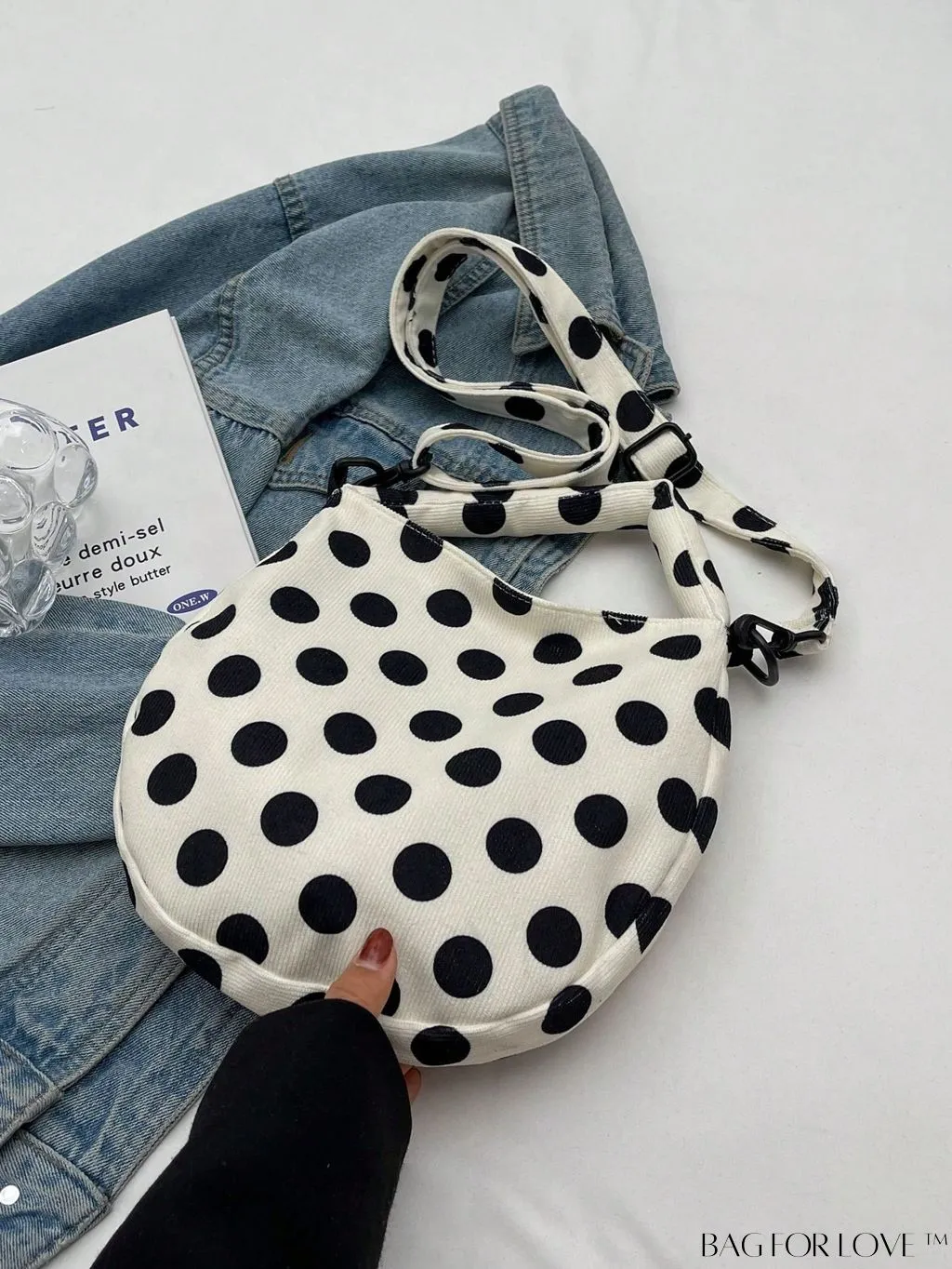 BagForLove - Stylish Canvas Hobo Bag with Polka Dot Pattern and Zipper Closure
