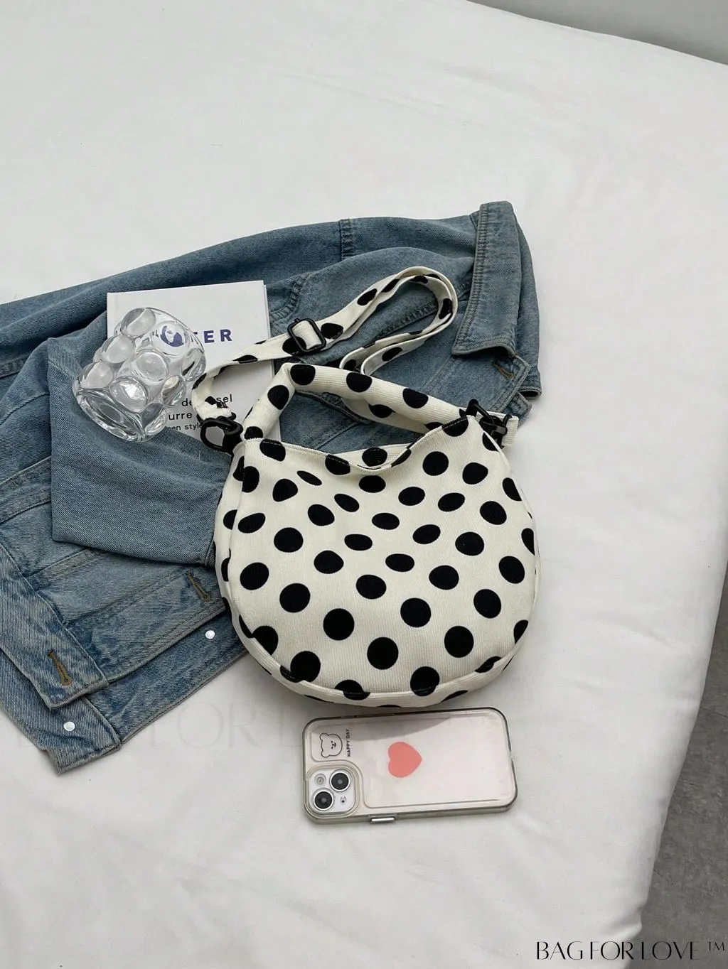 BagForLove - Stylish Canvas Hobo Bag with Polka Dot Pattern and Zipper Closure