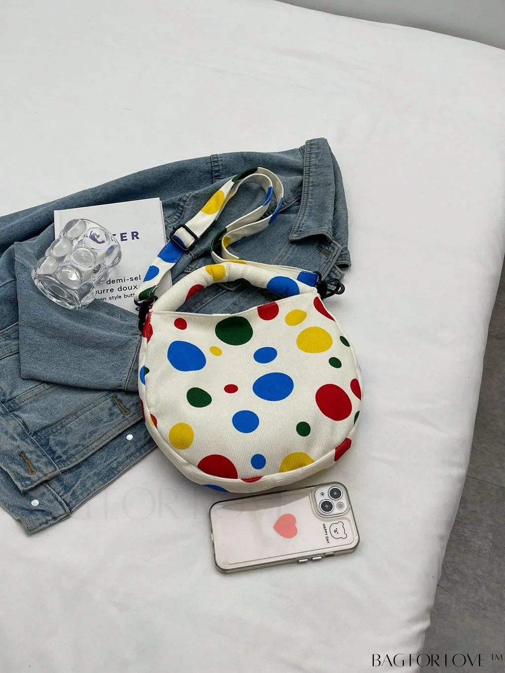 BagForLove - Stylish Canvas Hobo Bag with Polka Dot Pattern and Zipper Closure