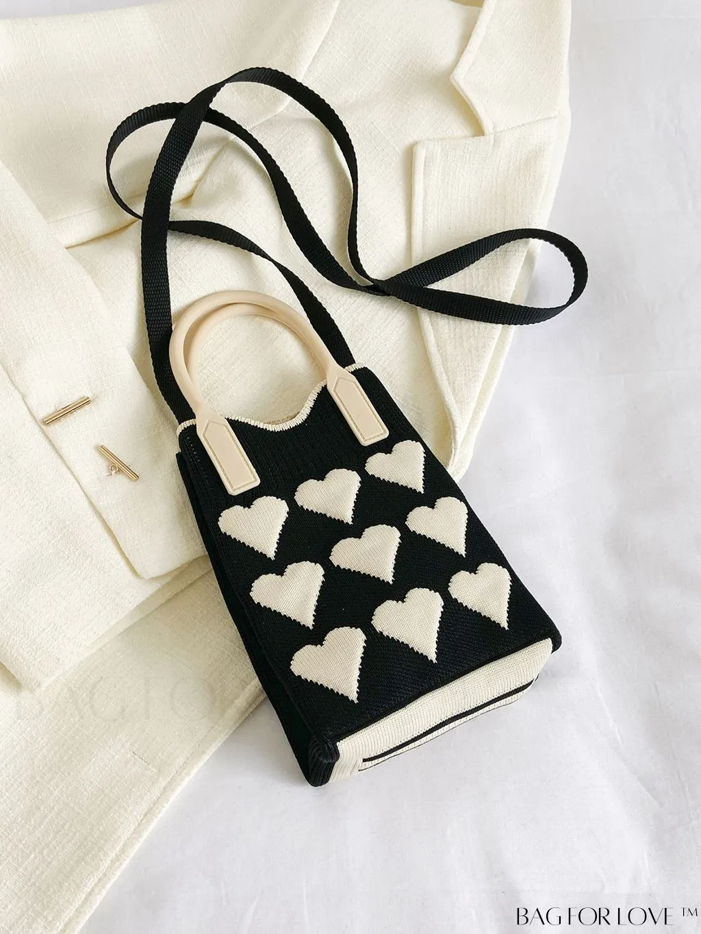 BagForLove - Stylish Crochet Love Heart Pattern Handbag with Mobile Phone Bag for Women
