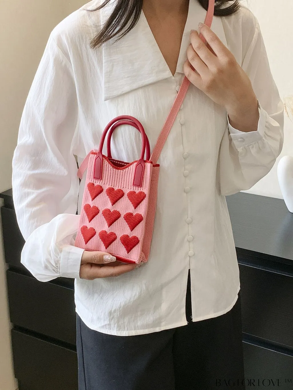 BagForLove - Stylish Crochet Love Heart Pattern Handbag with Mobile Phone Bag for Women