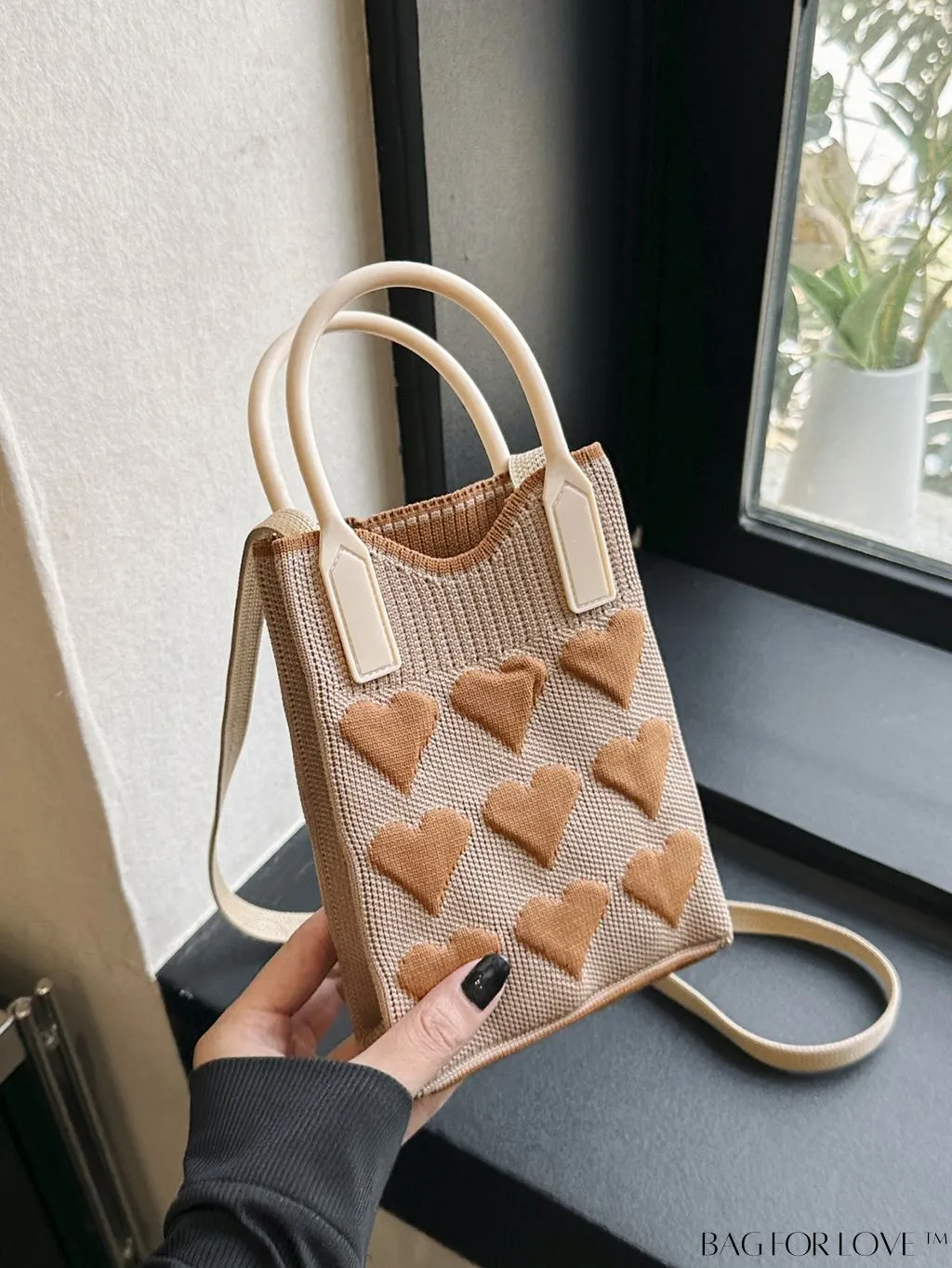 BagForLove - Stylish Crochet Love Heart Pattern Handbag with Mobile Phone Bag for Women