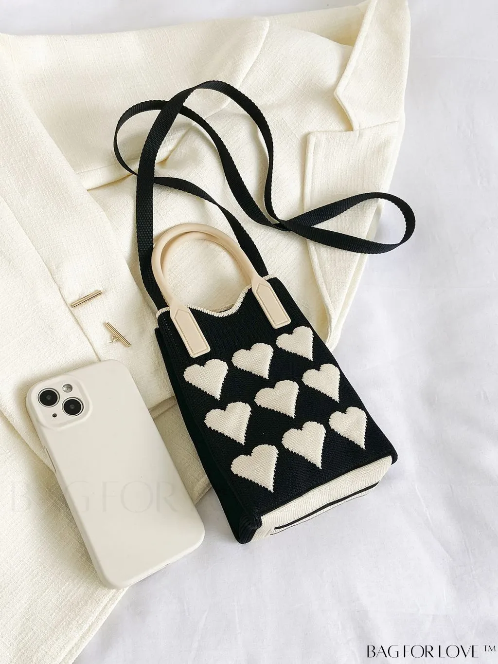 BagForLove - Stylish Crochet Love Heart Pattern Handbag with Mobile Phone Bag for Women