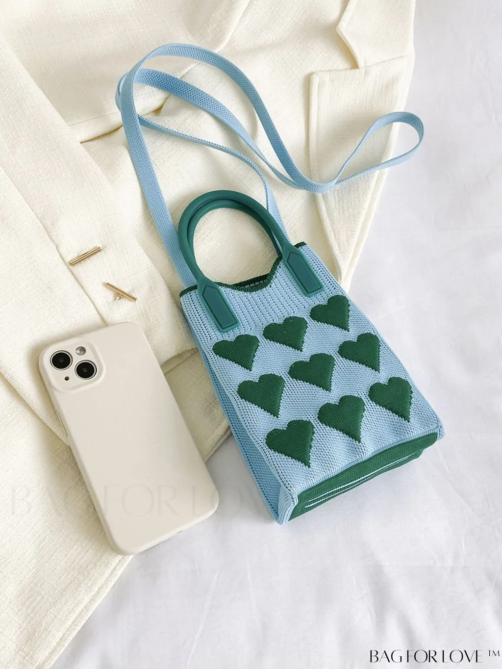 BagForLove - Stylish Crochet Love Heart Pattern Handbag with Mobile Phone Bag for Women