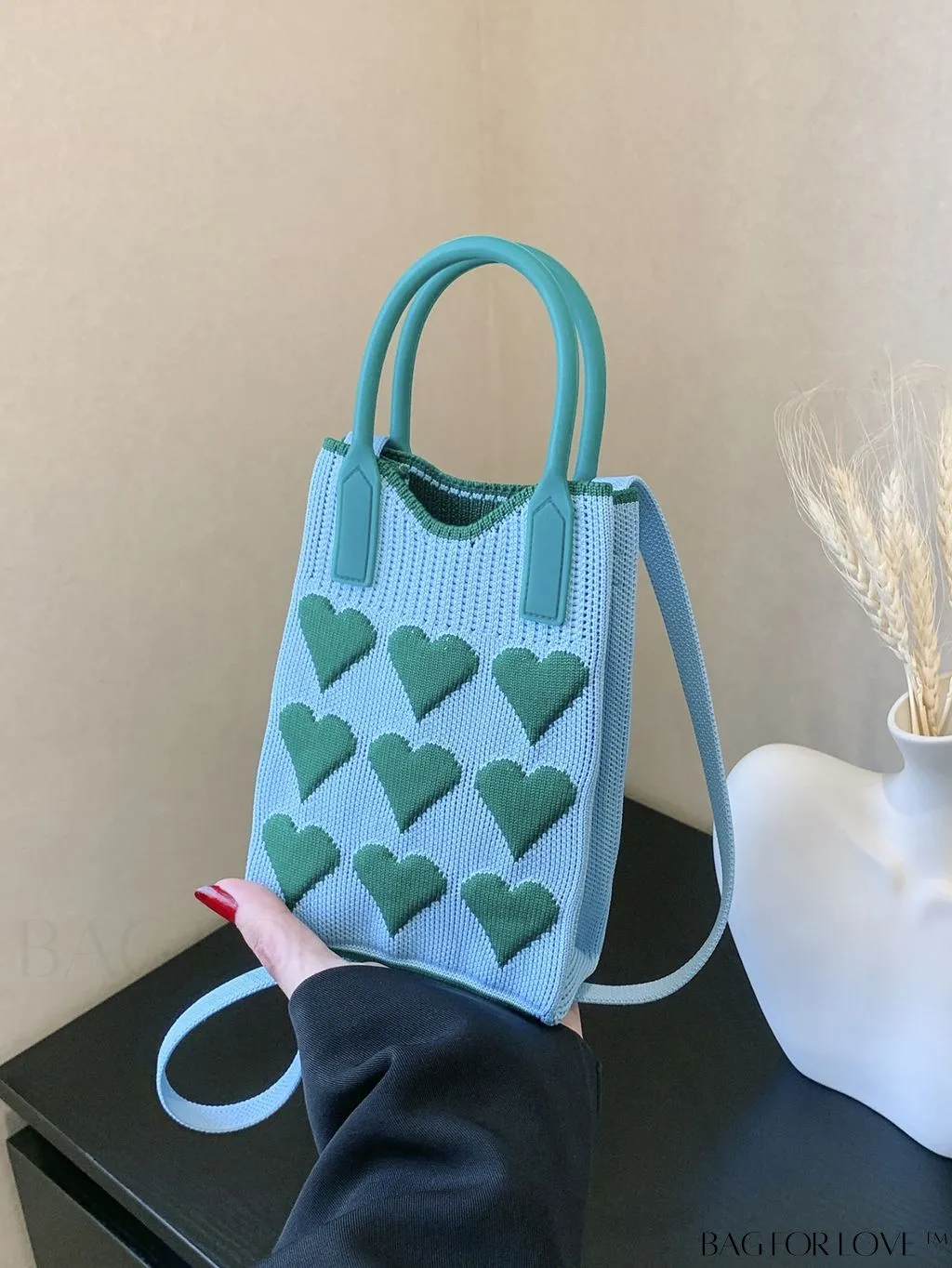 BagForLove - Stylish Crochet Love Heart Pattern Handbag with Mobile Phone Bag for Women