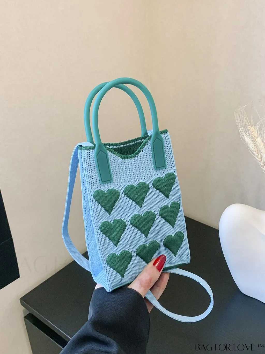 BagForLove - Stylish Crochet Love Heart Pattern Handbag with Mobile Phone Bag for Women
