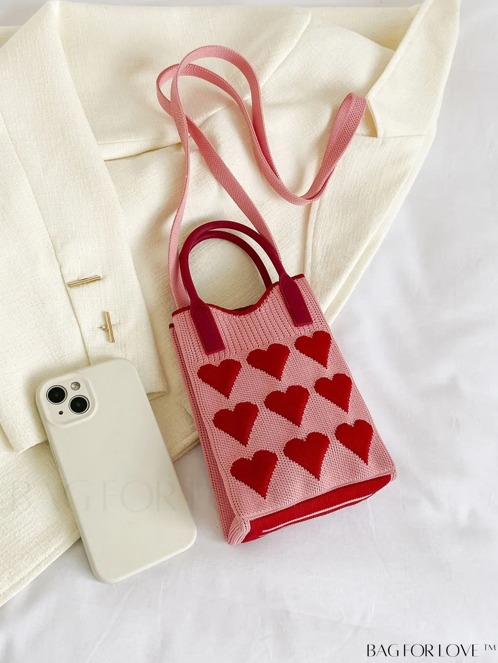BagForLove - Stylish Crochet Love Heart Pattern Handbag with Mobile Phone Bag for Women