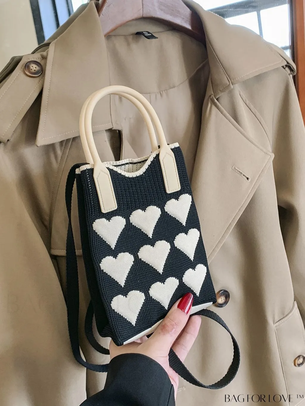 BagForLove - Stylish Crochet Love Heart Pattern Handbag with Mobile Phone Bag for Women