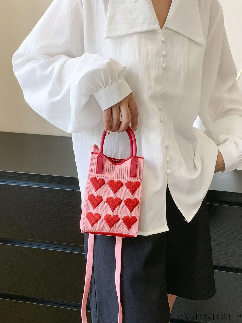 BagForLove - Stylish Crochet Love Heart Pattern Handbag with Mobile Phone Bag for Women
