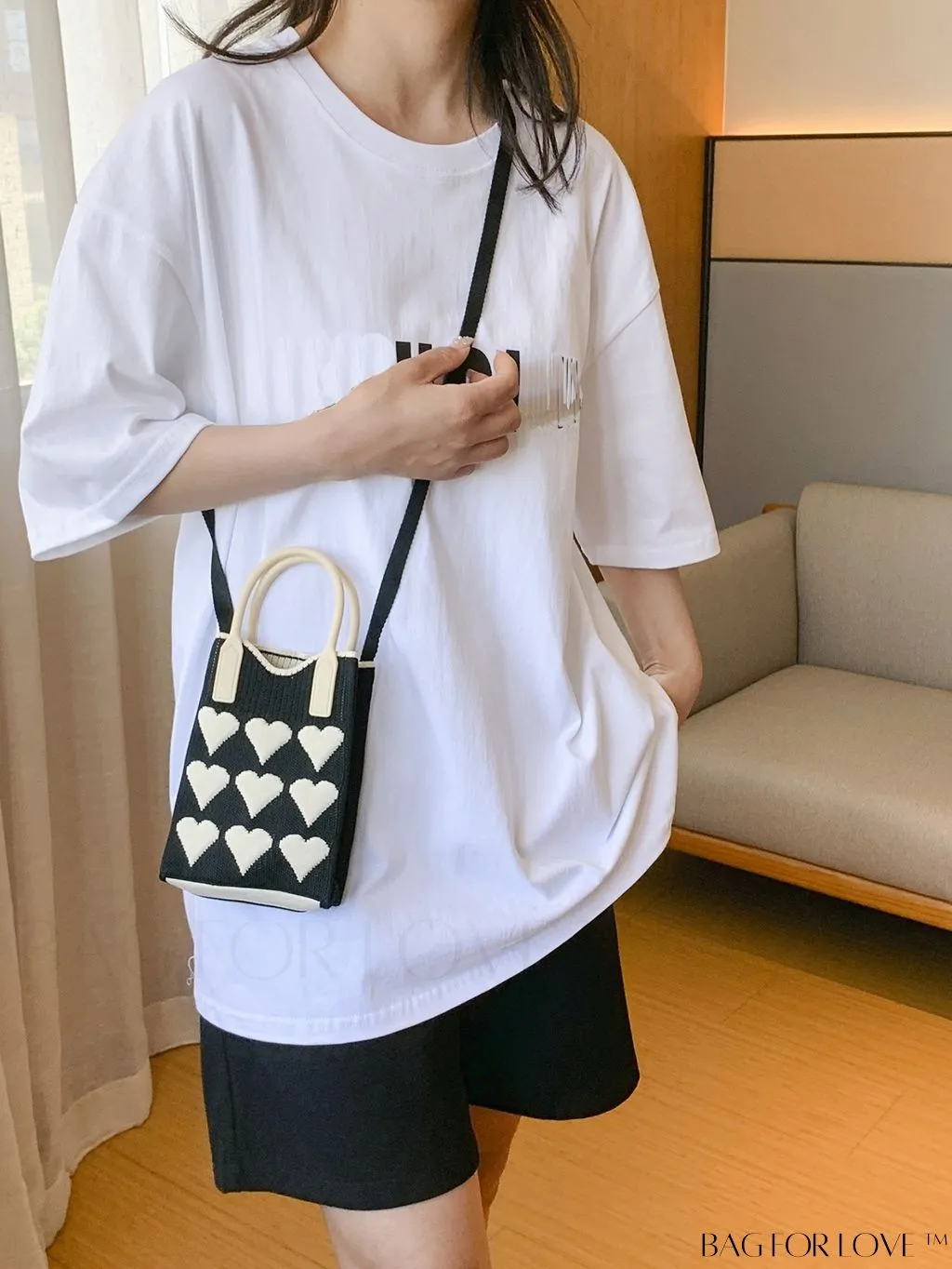BagForLove - Stylish Crochet Love Heart Pattern Handbag with Mobile Phone Bag for Women
