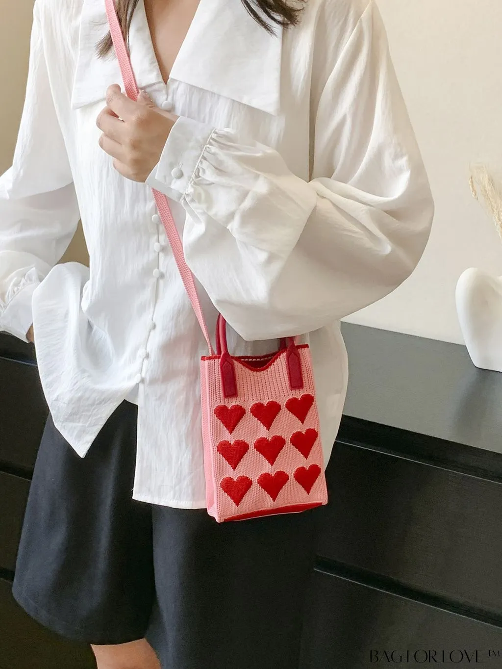 BagForLove - Stylish Crochet Love Heart Pattern Handbag with Mobile Phone Bag for Women