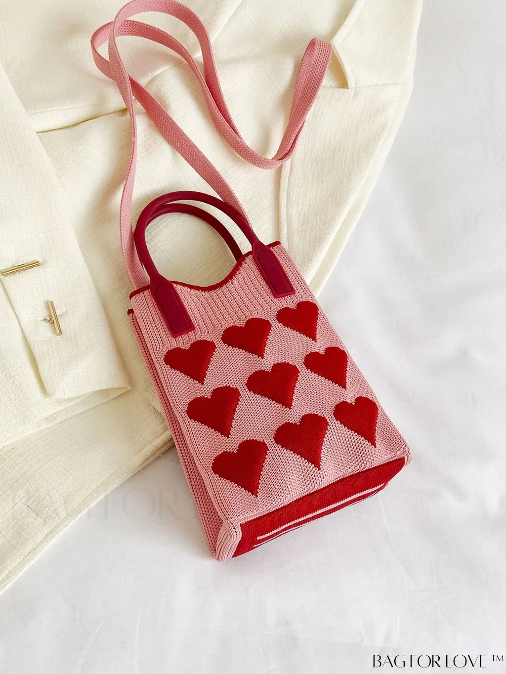 BagForLove - Stylish Crochet Love Heart Pattern Handbag with Mobile Phone Bag for Women