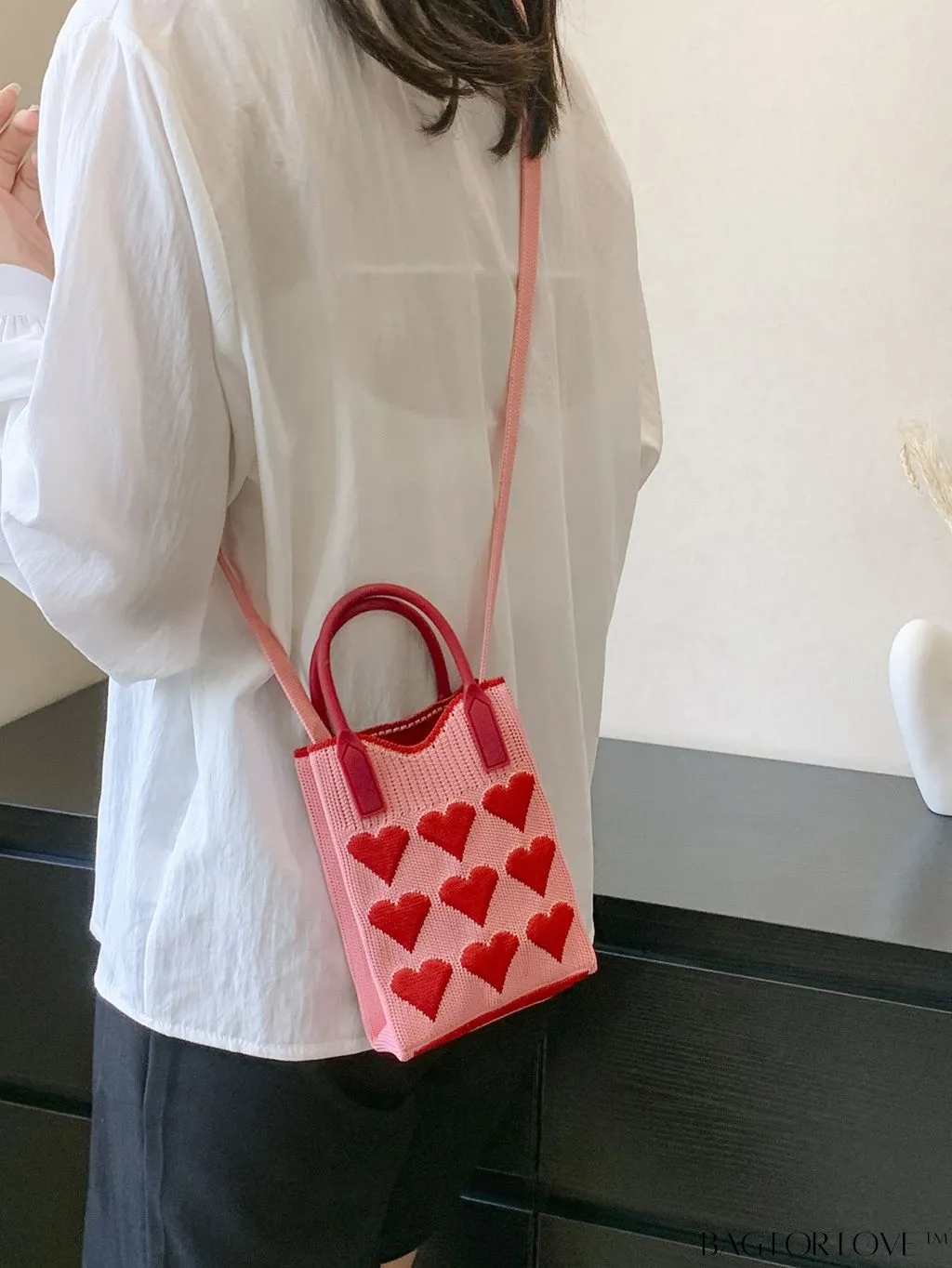 BagForLove - Stylish Crochet Love Heart Pattern Handbag with Mobile Phone Bag for Women