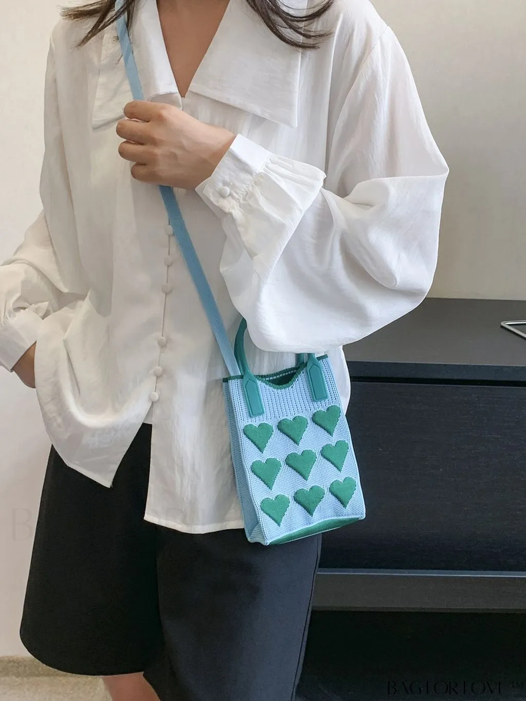 BagForLove - Stylish Crochet Love Heart Pattern Handbag with Mobile Phone Bag for Women