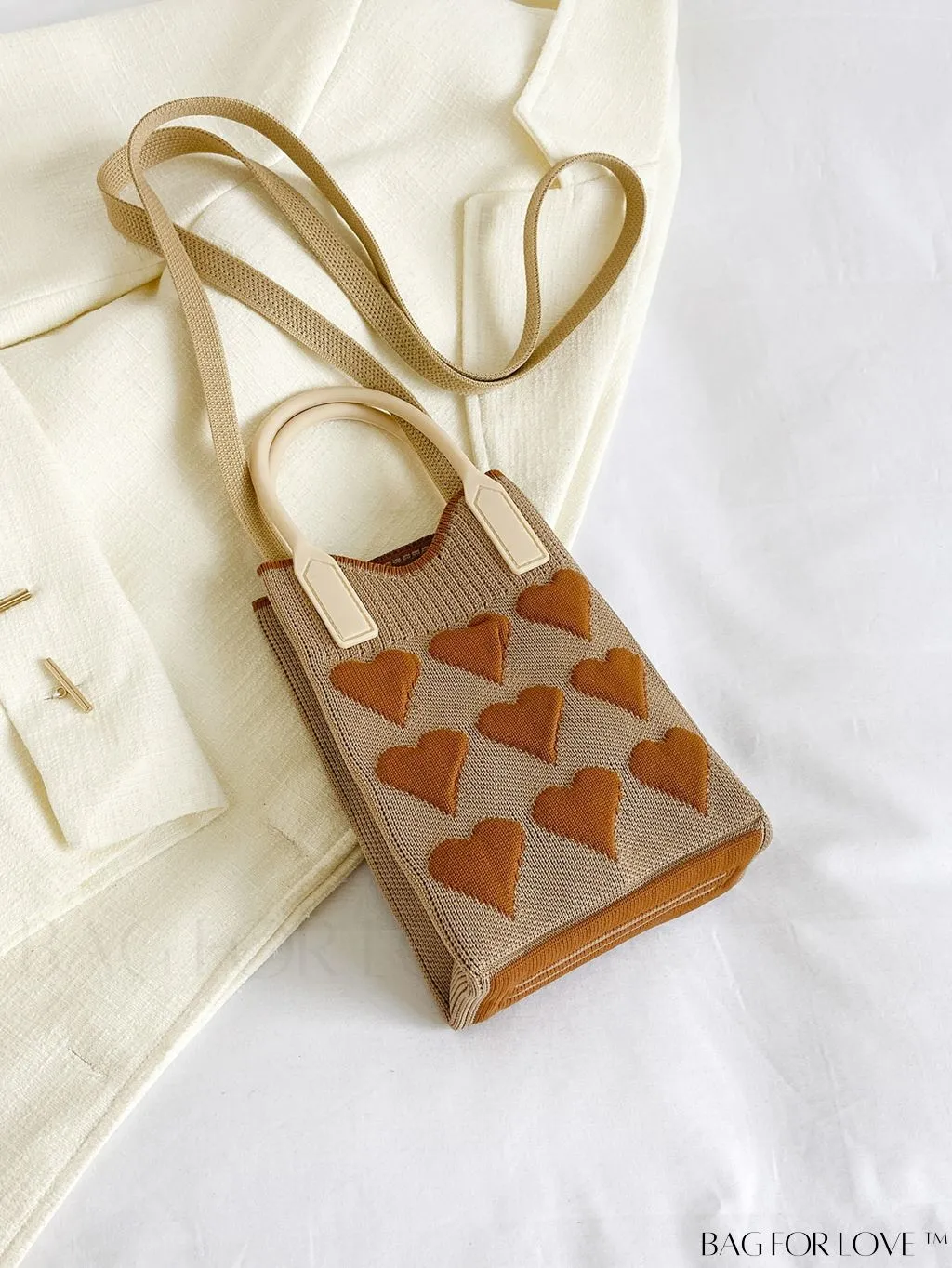 BagForLove - Stylish Crochet Love Heart Pattern Handbag with Mobile Phone Bag for Women
