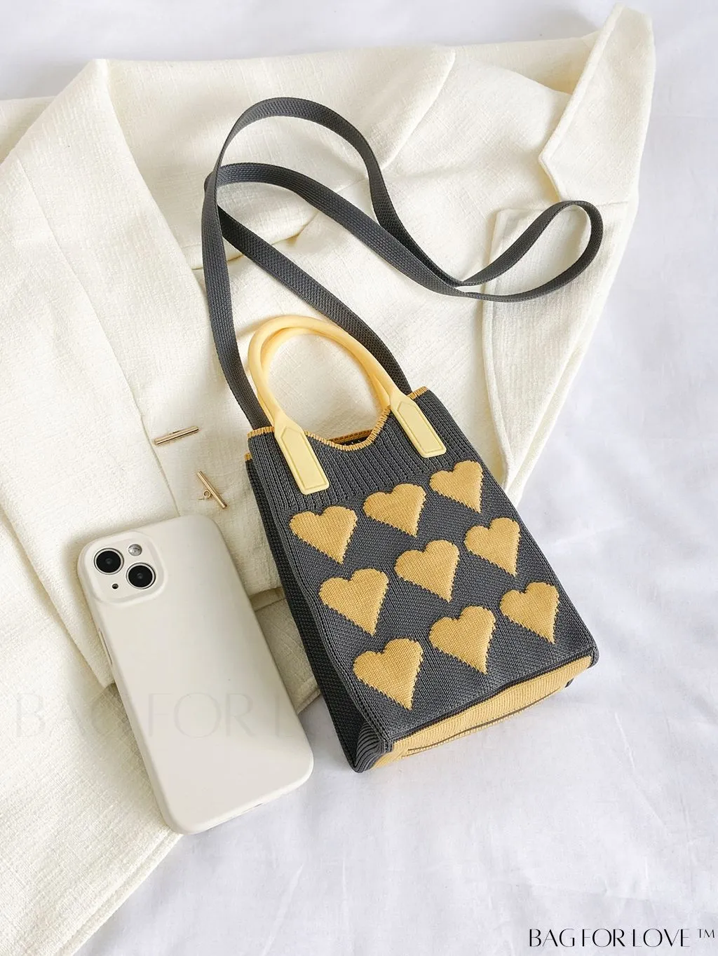 BagForLove - Stylish Crochet Love Heart Pattern Handbag with Mobile Phone Bag for Women