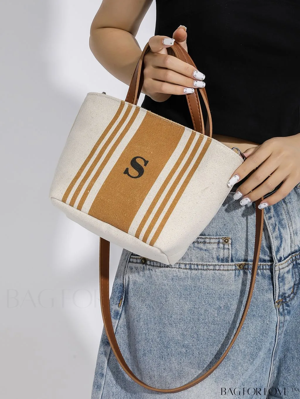 BagForLove - Stylish Dual Handle Bucket Bag with Letter & Striped Pattern