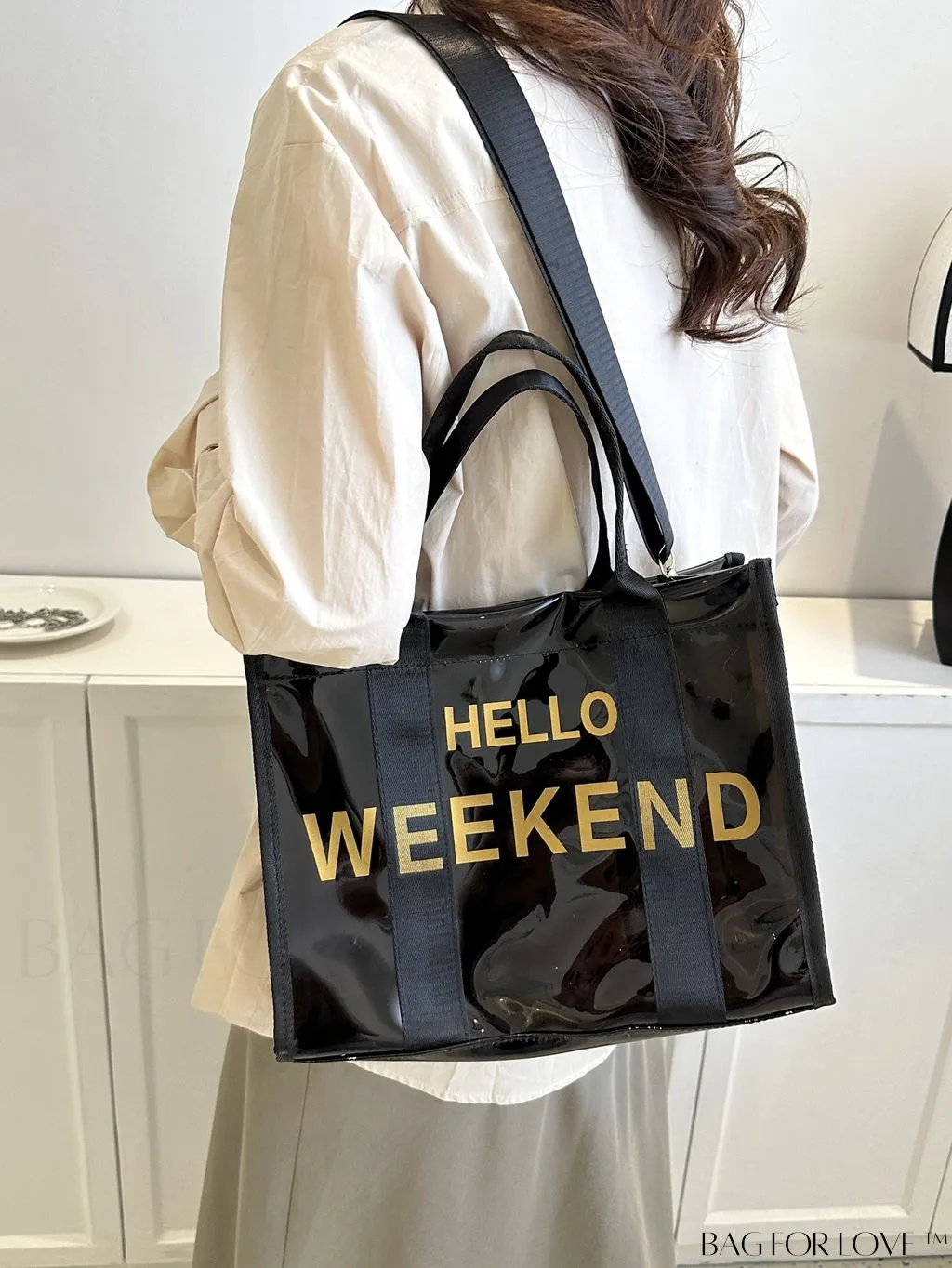 BagForLove - Stylish Letter Print PVC Tote Bag with Spacious Capacity