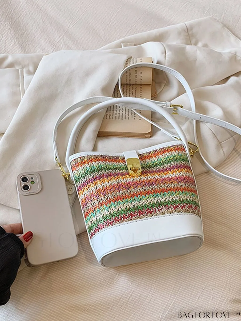 BagForLove - Stylish Summer Woven Straw Bucket Bag - Color Block Design, Perfect for Holidays