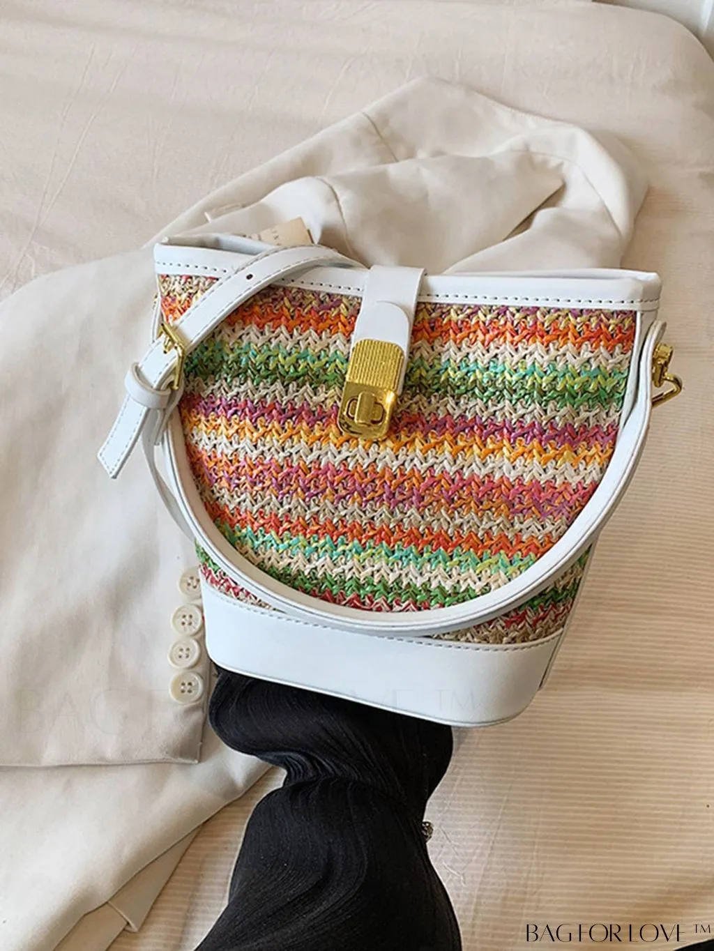 BagForLove - Stylish Summer Woven Straw Bucket Bag - Color Block Design, Perfect for Holidays