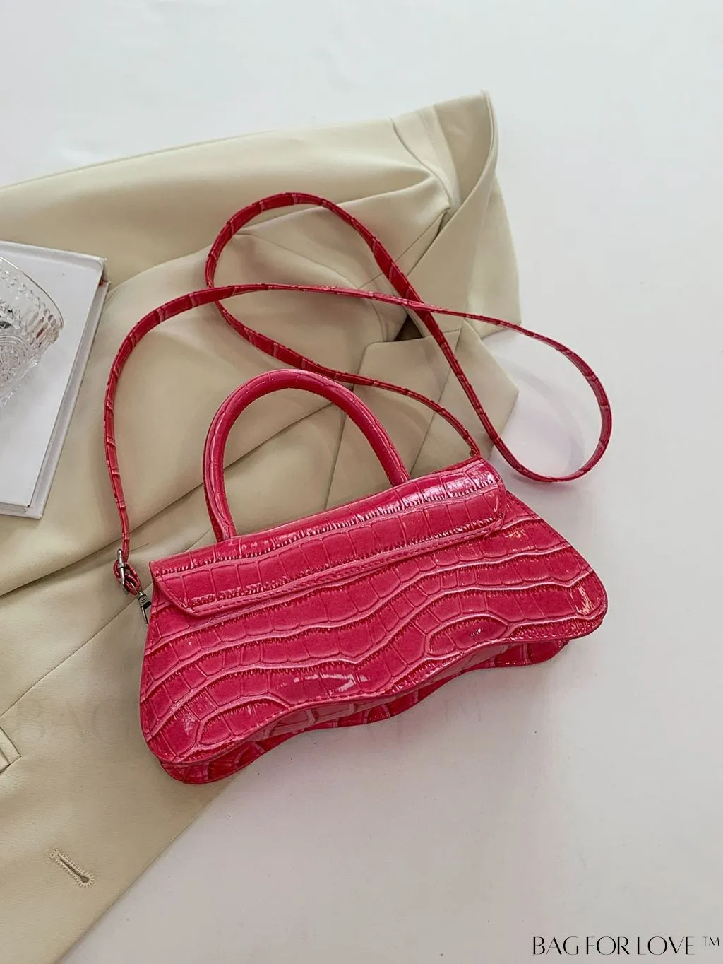 BagForLove - White Top Handle Handbag with Crocodile Pattern - PU Leather