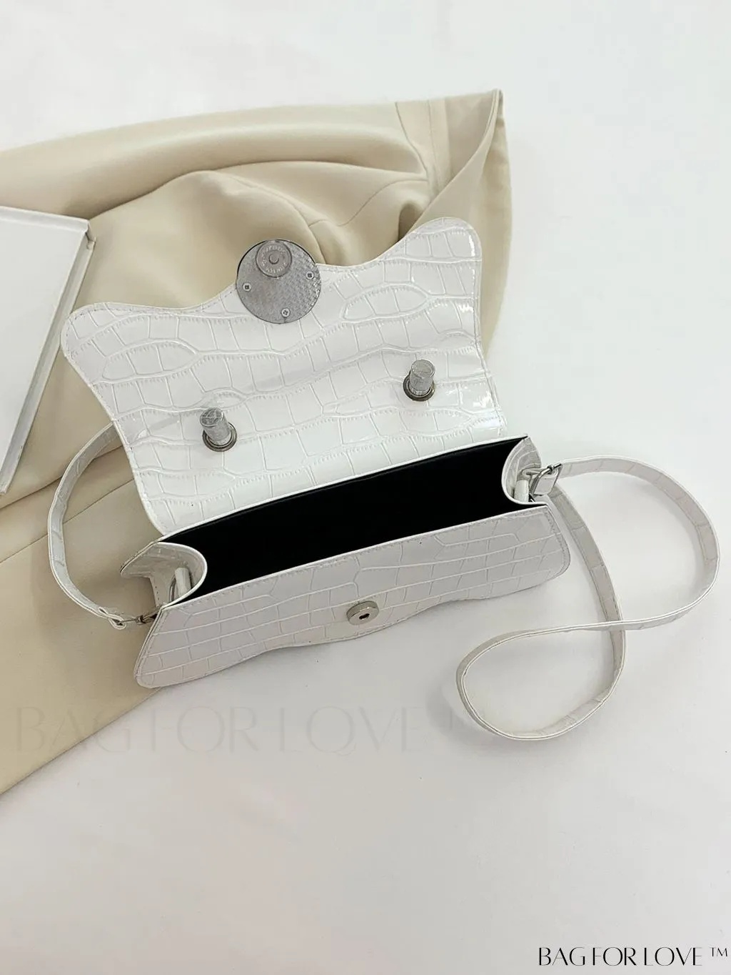 BagForLove - White Top Handle Handbag with Crocodile Pattern - PU Leather