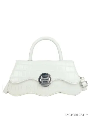 BagForLove - White Top Handle Handbag with Crocodile Pattern - PU Leather