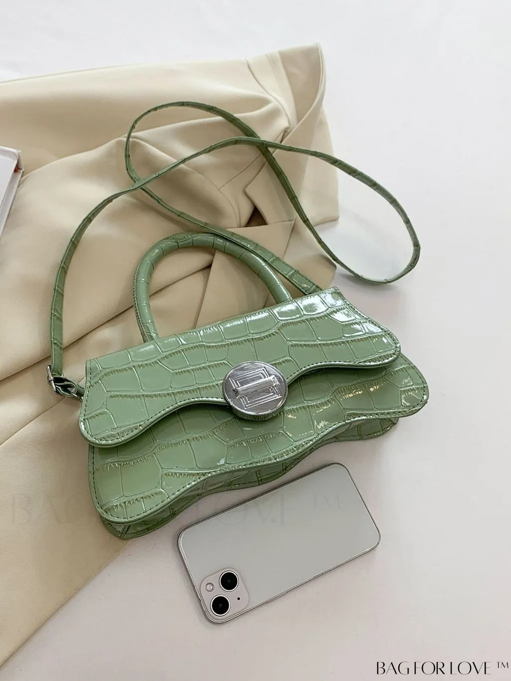 BagForLove - White Top Handle Handbag with Crocodile Pattern - PU Leather