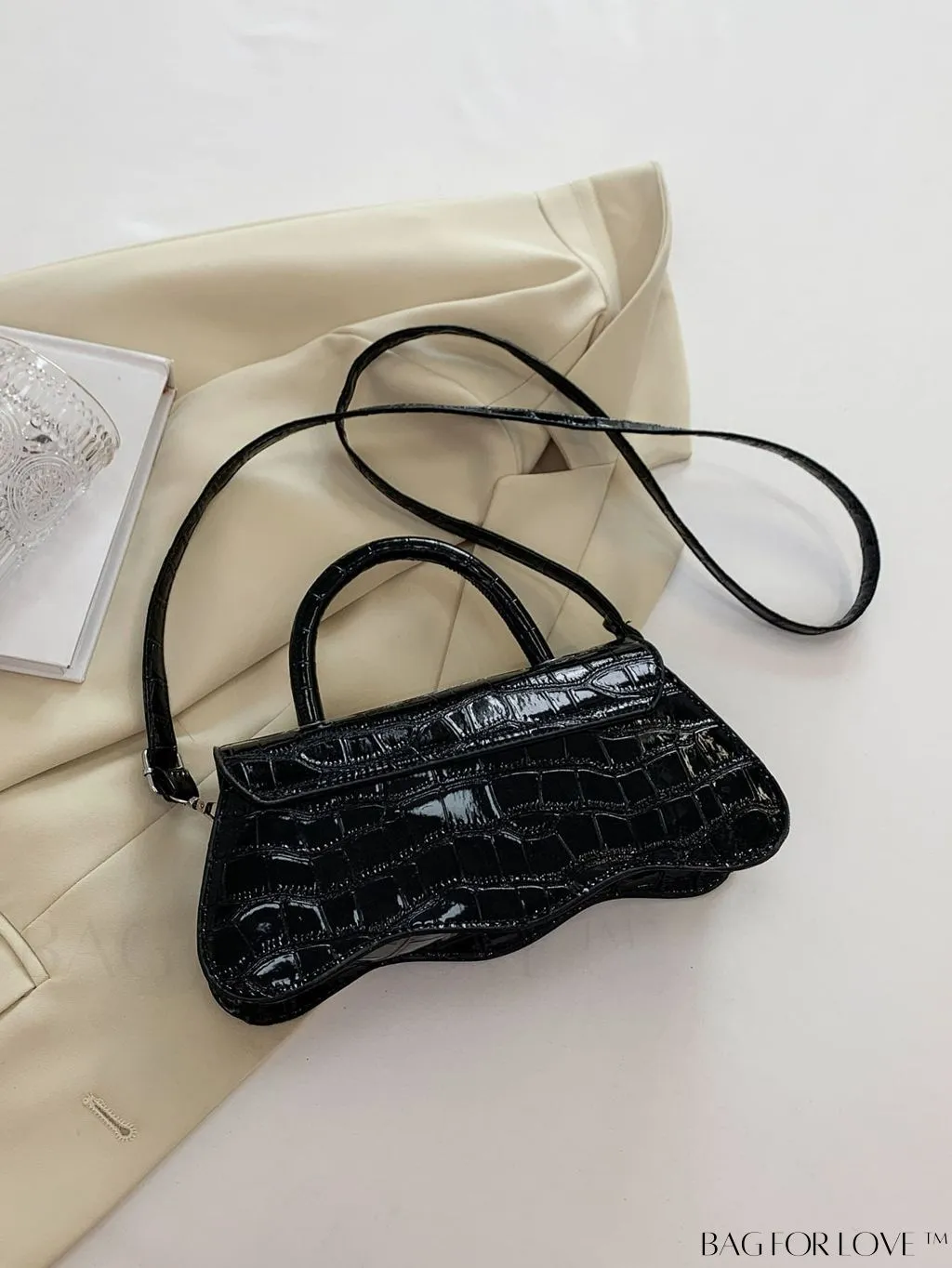 BagForLove - White Top Handle Handbag with Crocodile Pattern - PU Leather