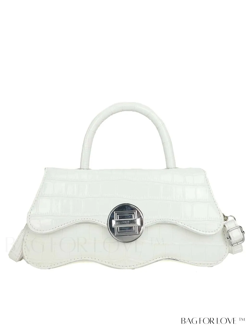 BagForLove - White Top Handle Handbag with Crocodile Pattern - PU Leather