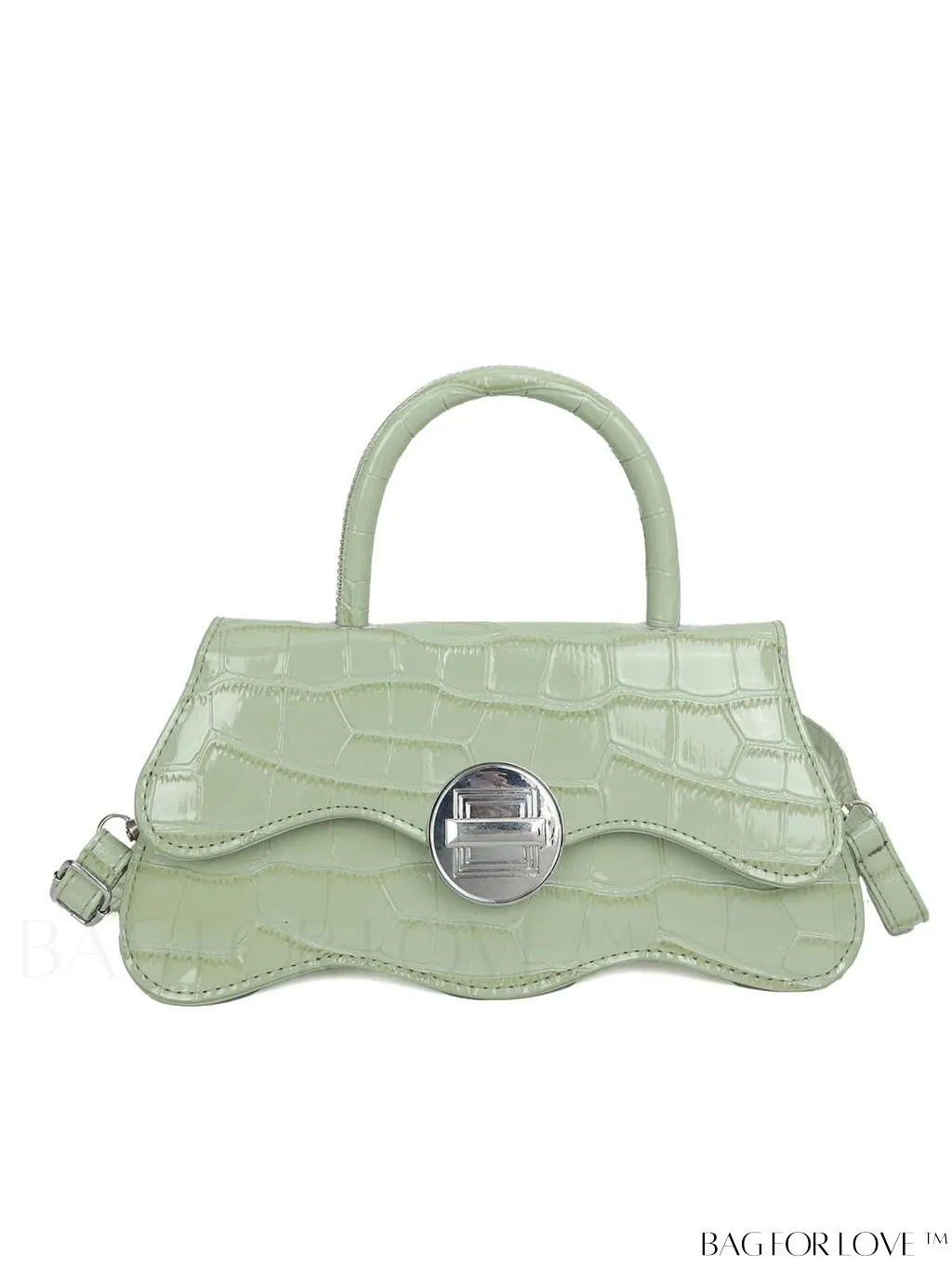 BagForLove - White Top Handle Handbag with Crocodile Pattern - PU Leather